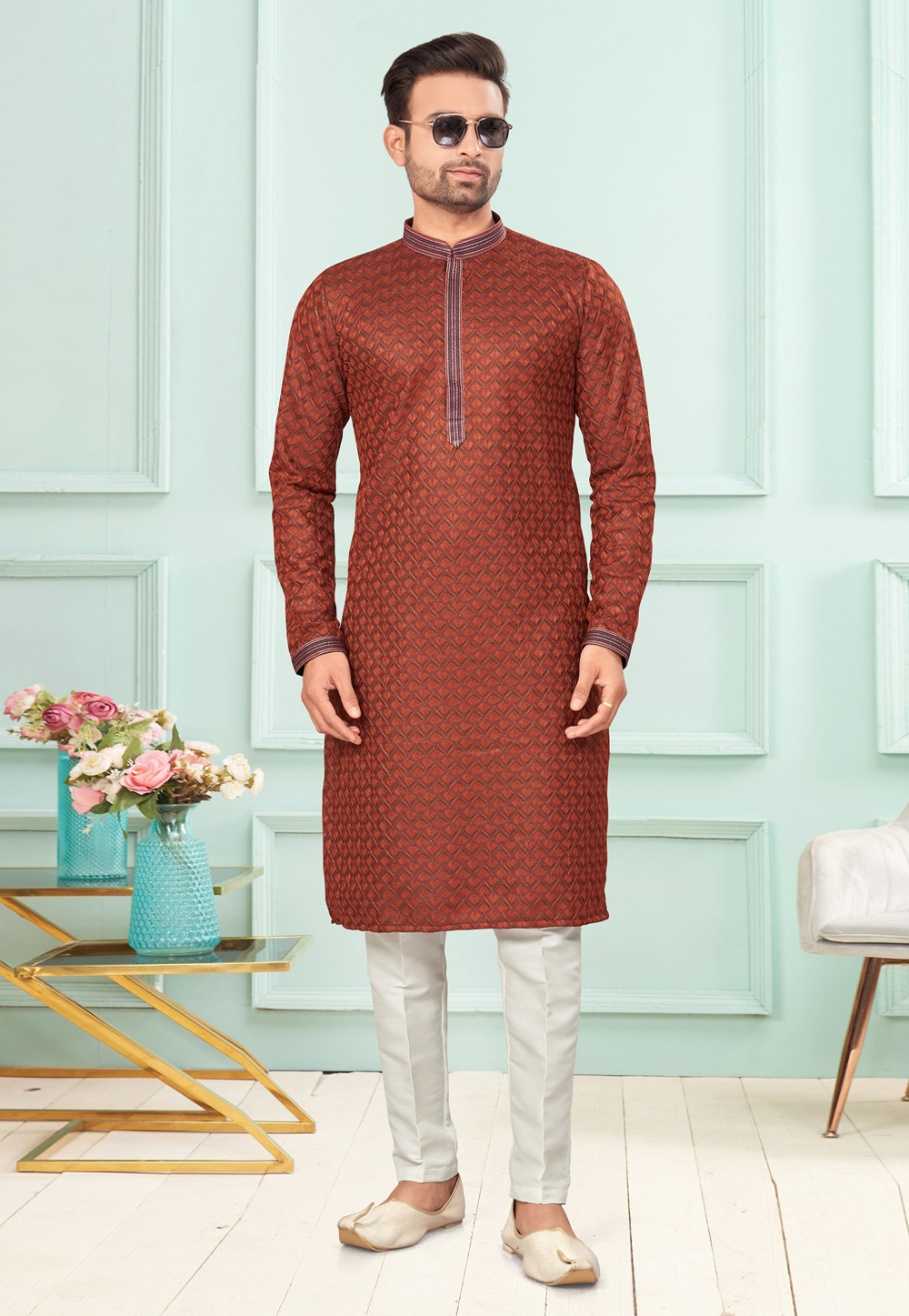 Rust Jacquard Kurta Pajama 283879