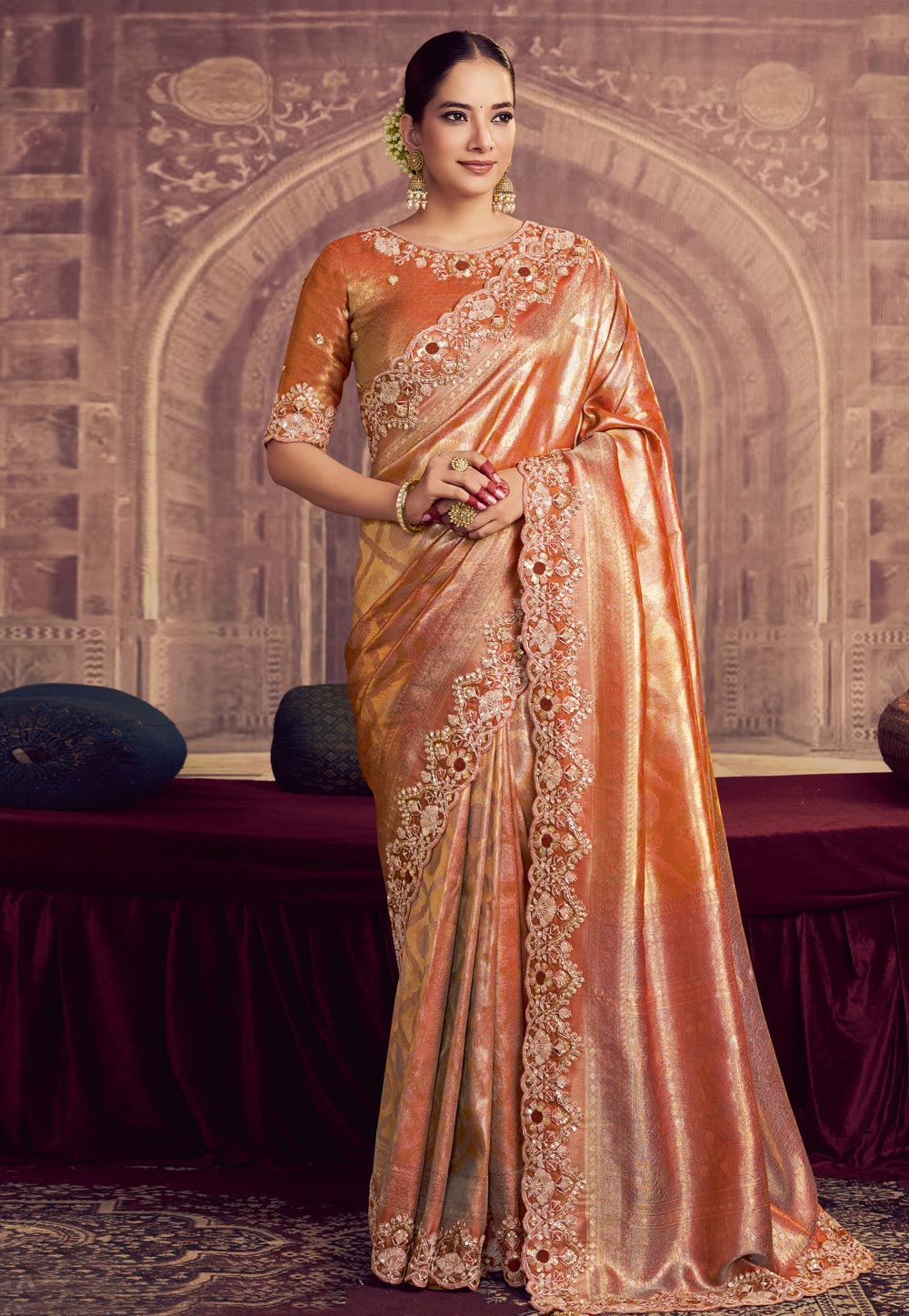 Rust Kanjivaram Silk Saree With Blouse 319502