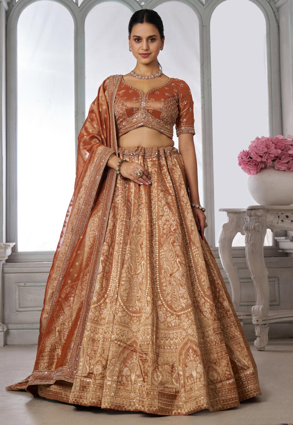 Rust Kanjivaram Silk Wedding Lehenga Choli 329397