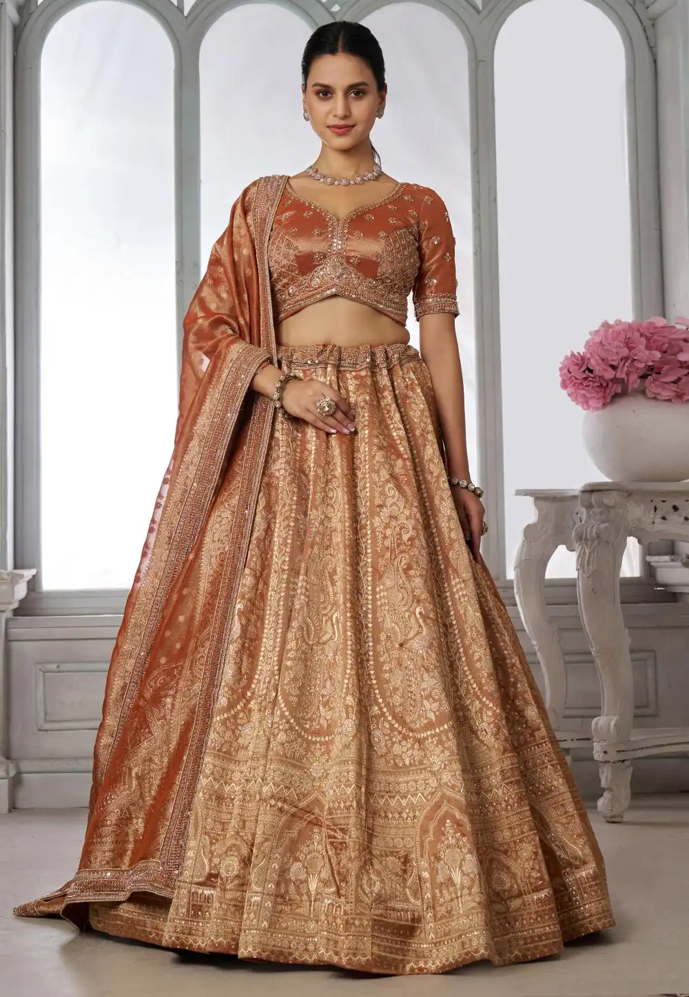Rust Kanjivaram Silk Wedding Lehenga Choli 329397
