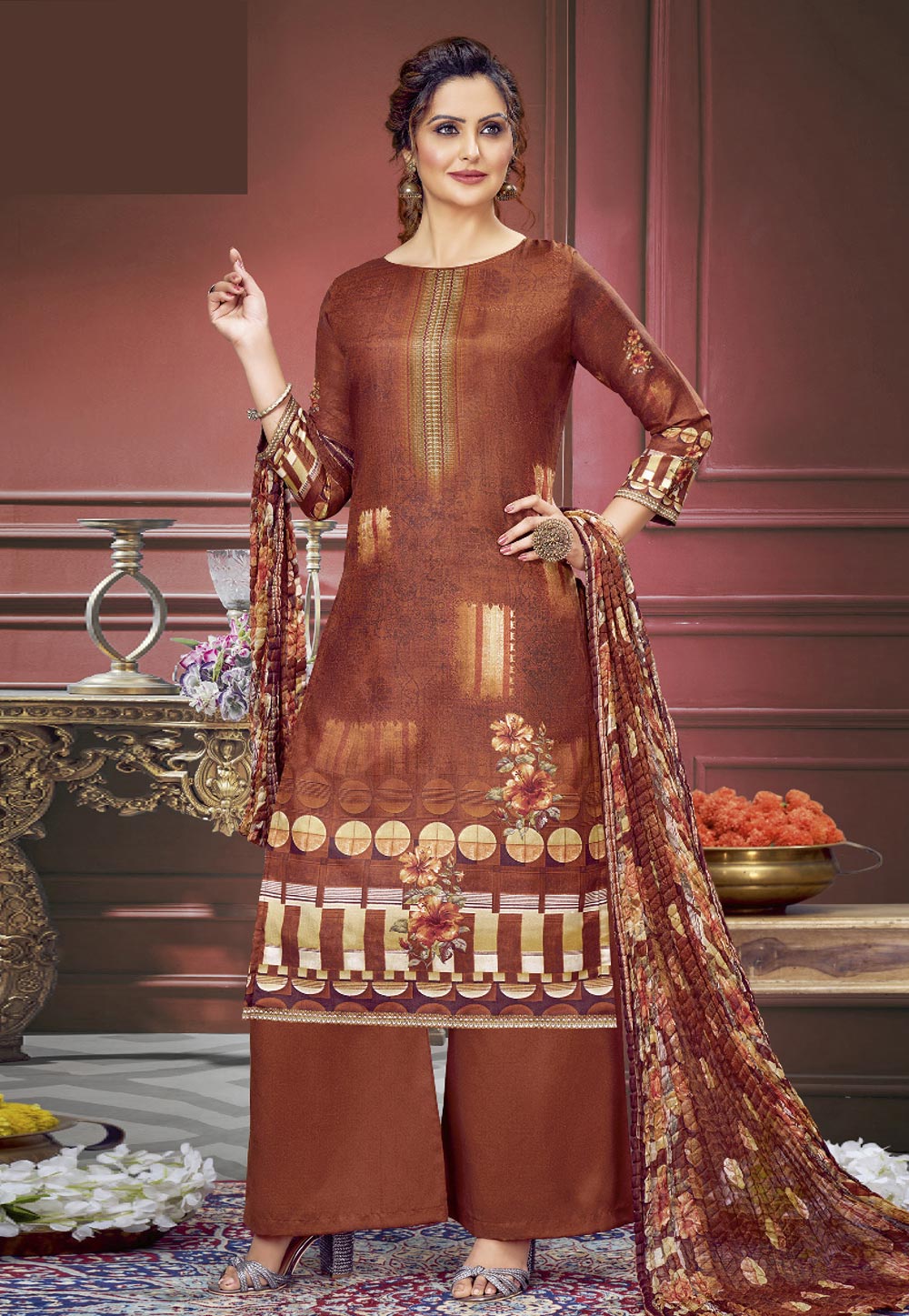 Rust Muslin Pakistani Suit 284988
