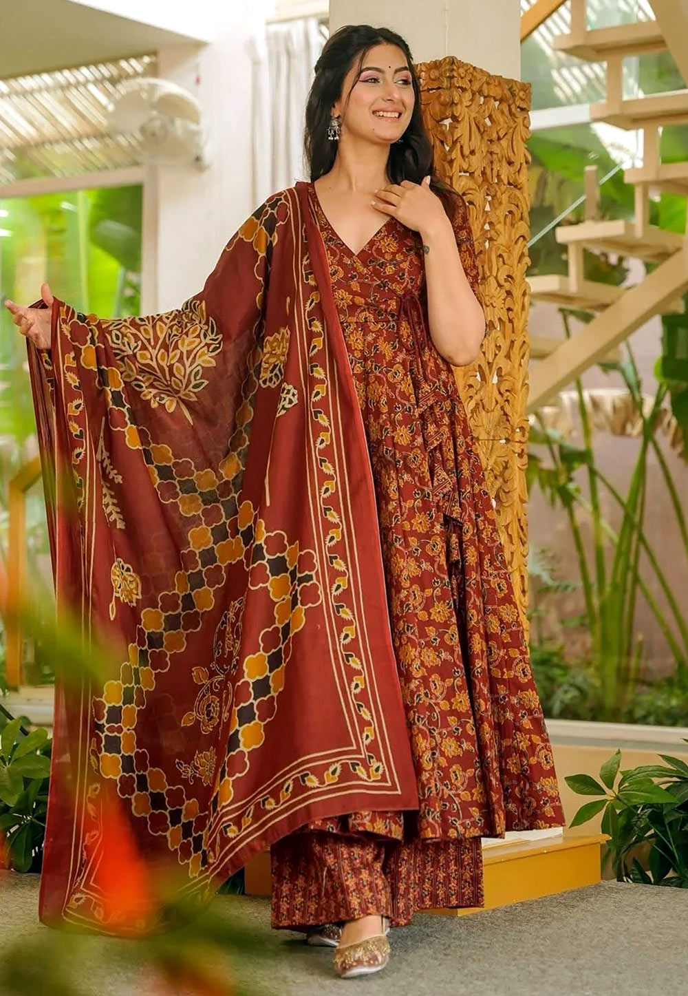 Rust Muslin Readymade Anarkali Suit 327394