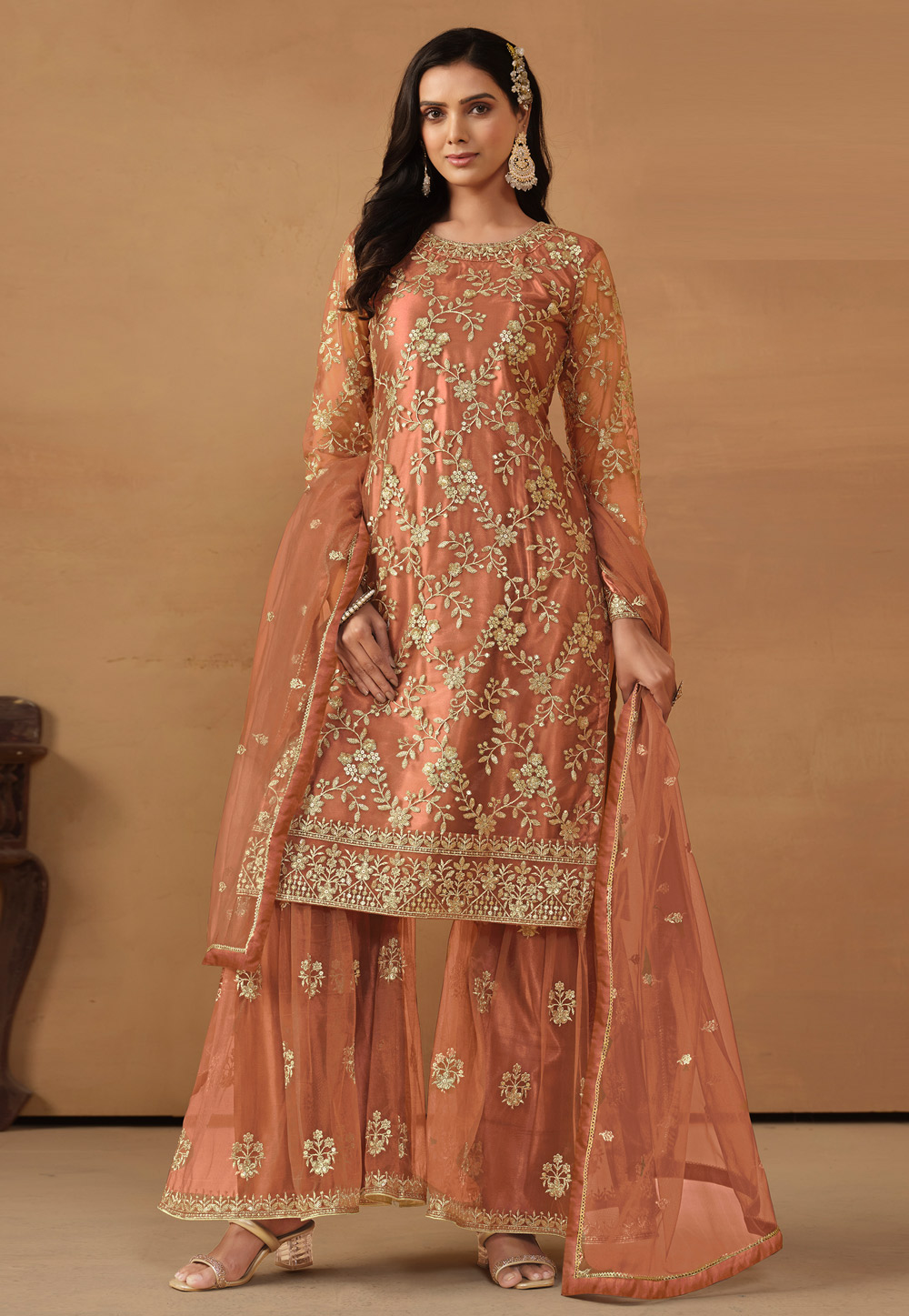 Rust Net Gharara Suit 281549