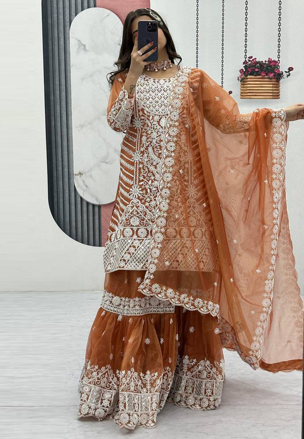 Rust Net Readymade Sharara Suit 328903