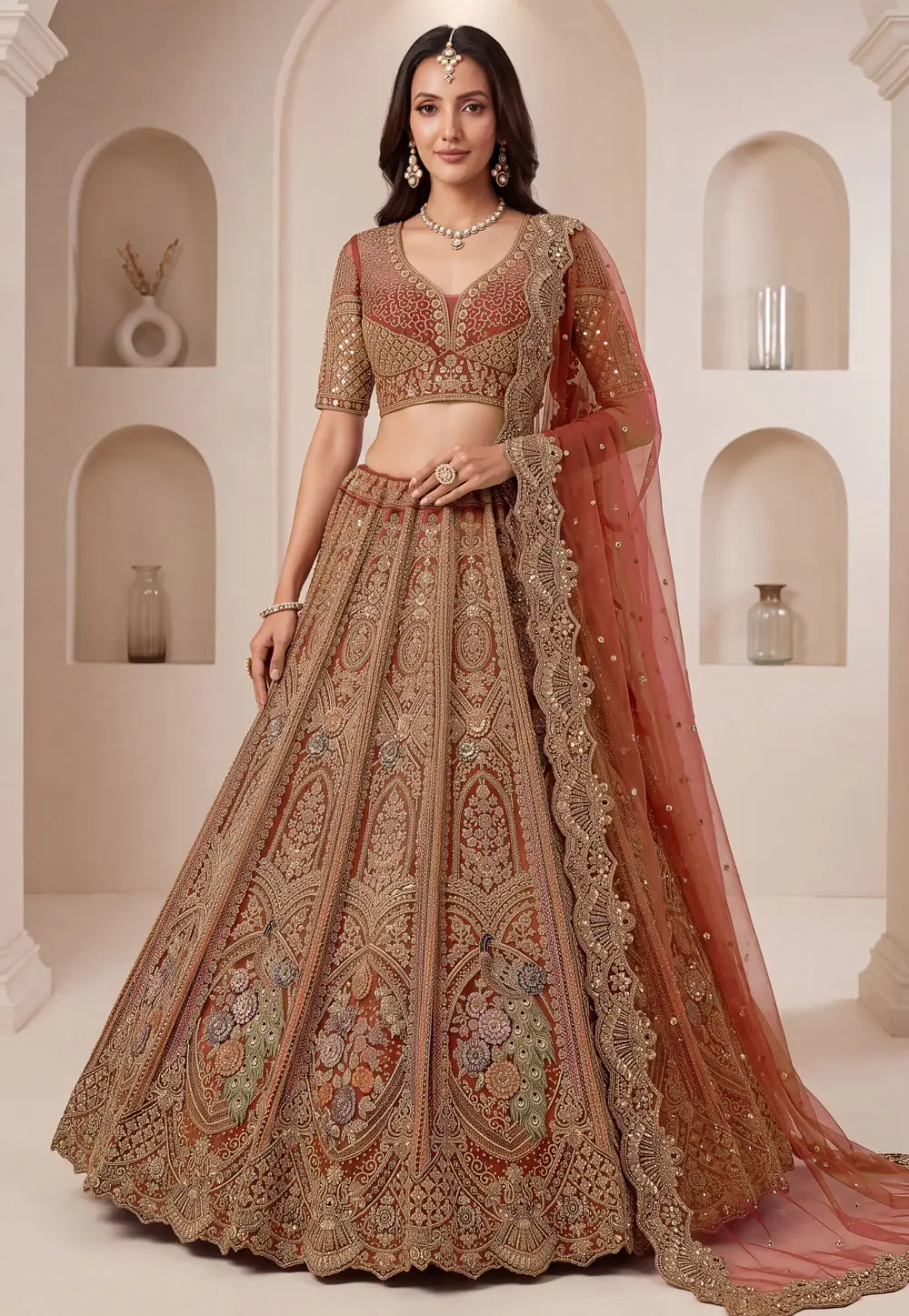 Rust Net Wedding Lehenga Choli 332629