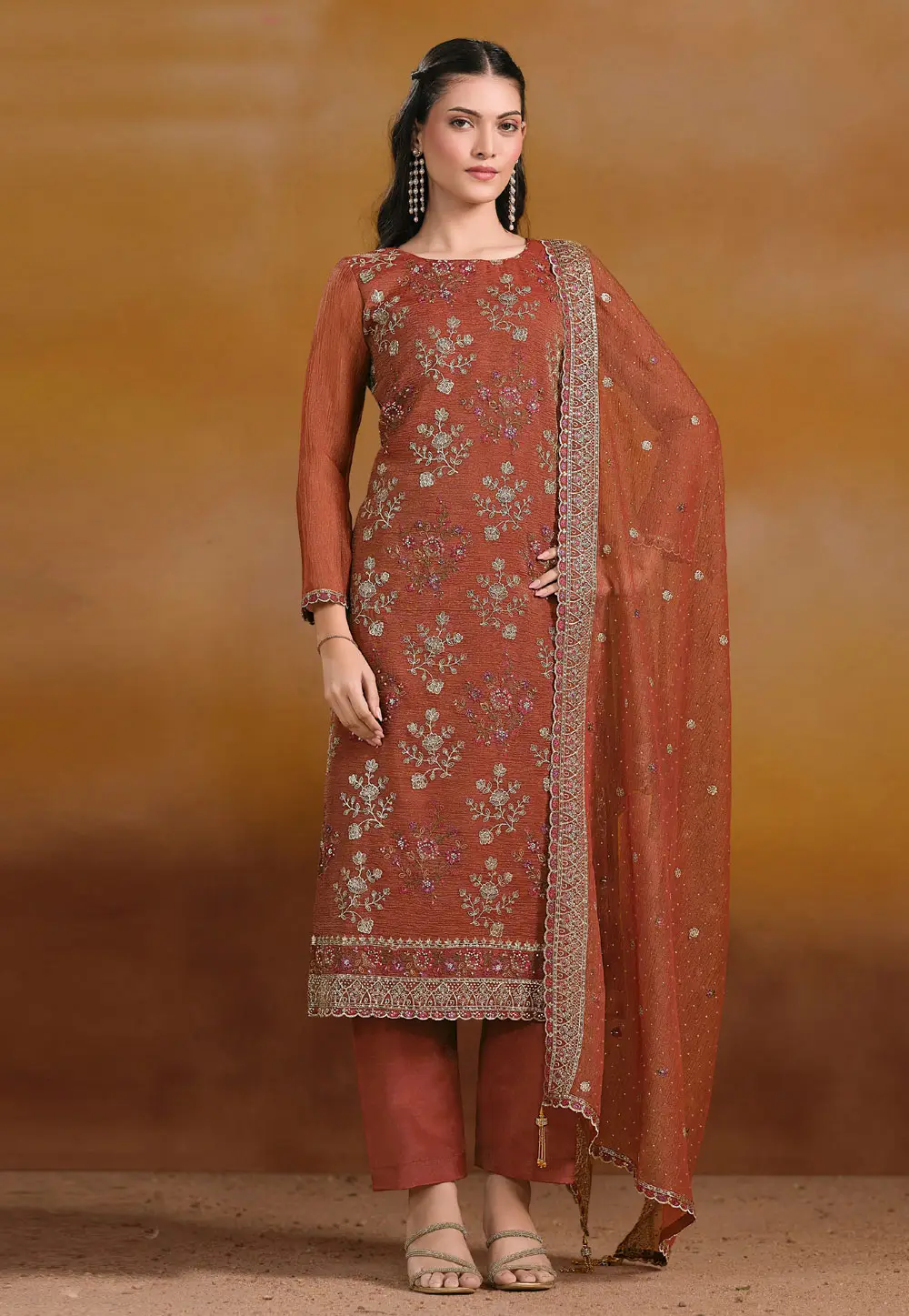 Rust Organza Pant Style Suit 336769