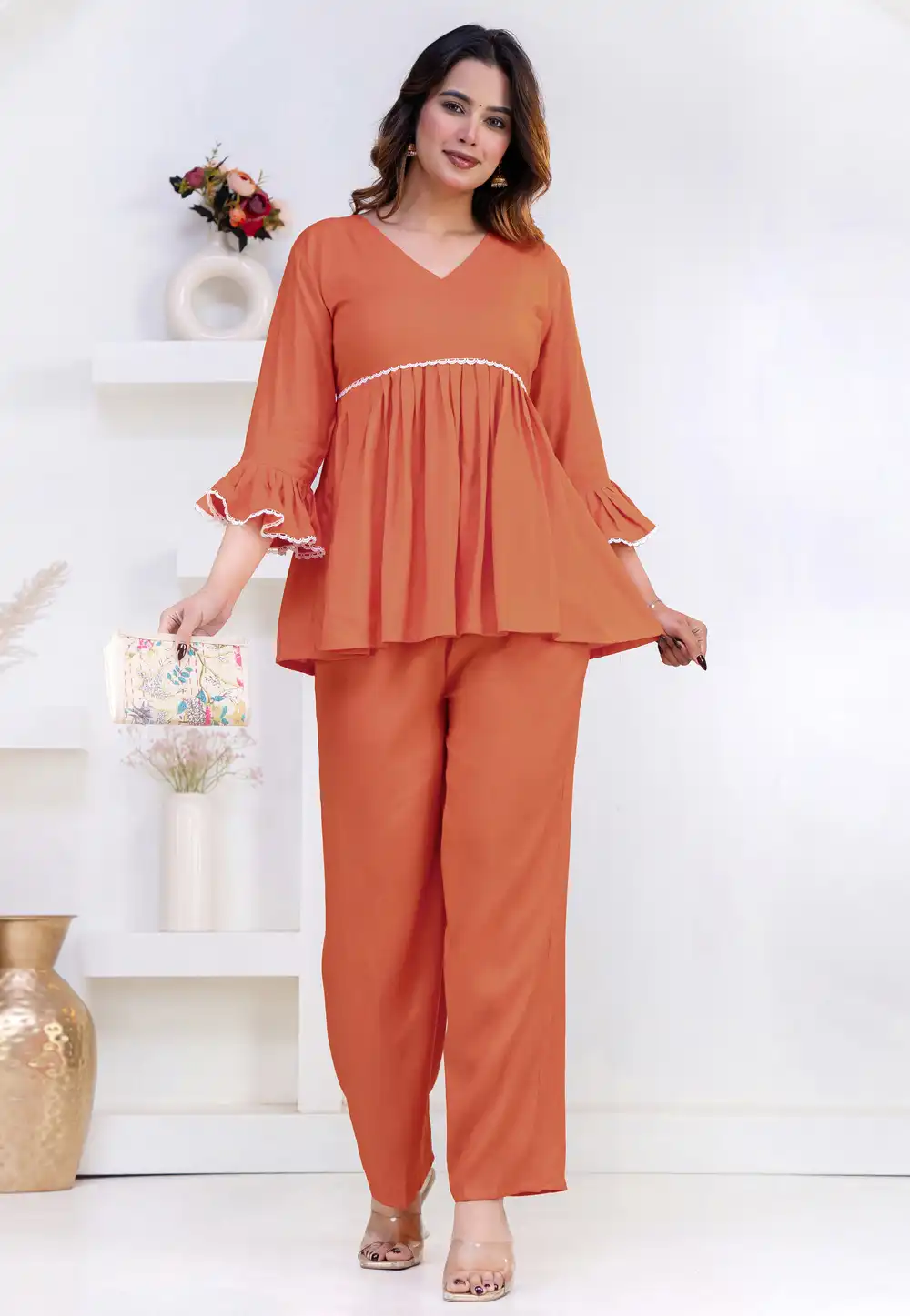 Rust Rayon Kurta Set With Palazzo 327279