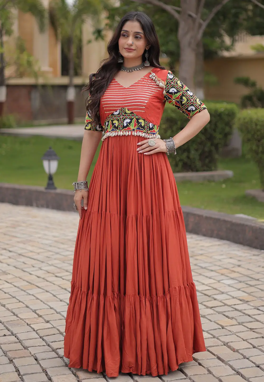 Rust Rayon Navratri Wear Gown 335388