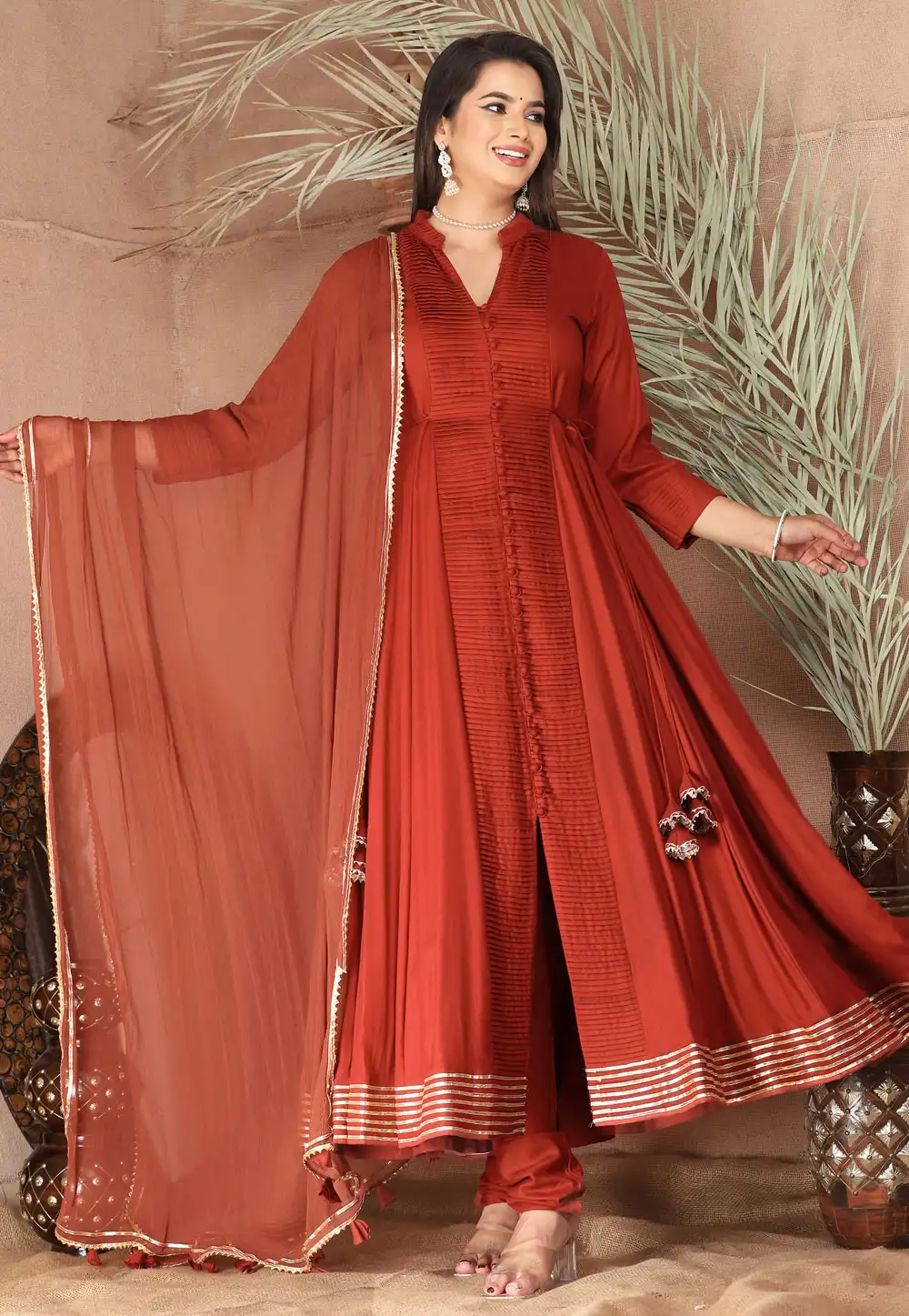 Rust Rayon Readymade Anarkali Suit 317108