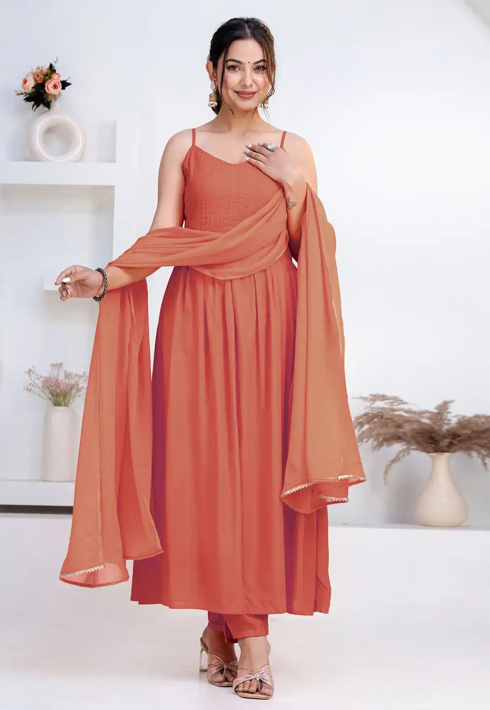 Rust Rayon Readymade Anarkali Suit 325429