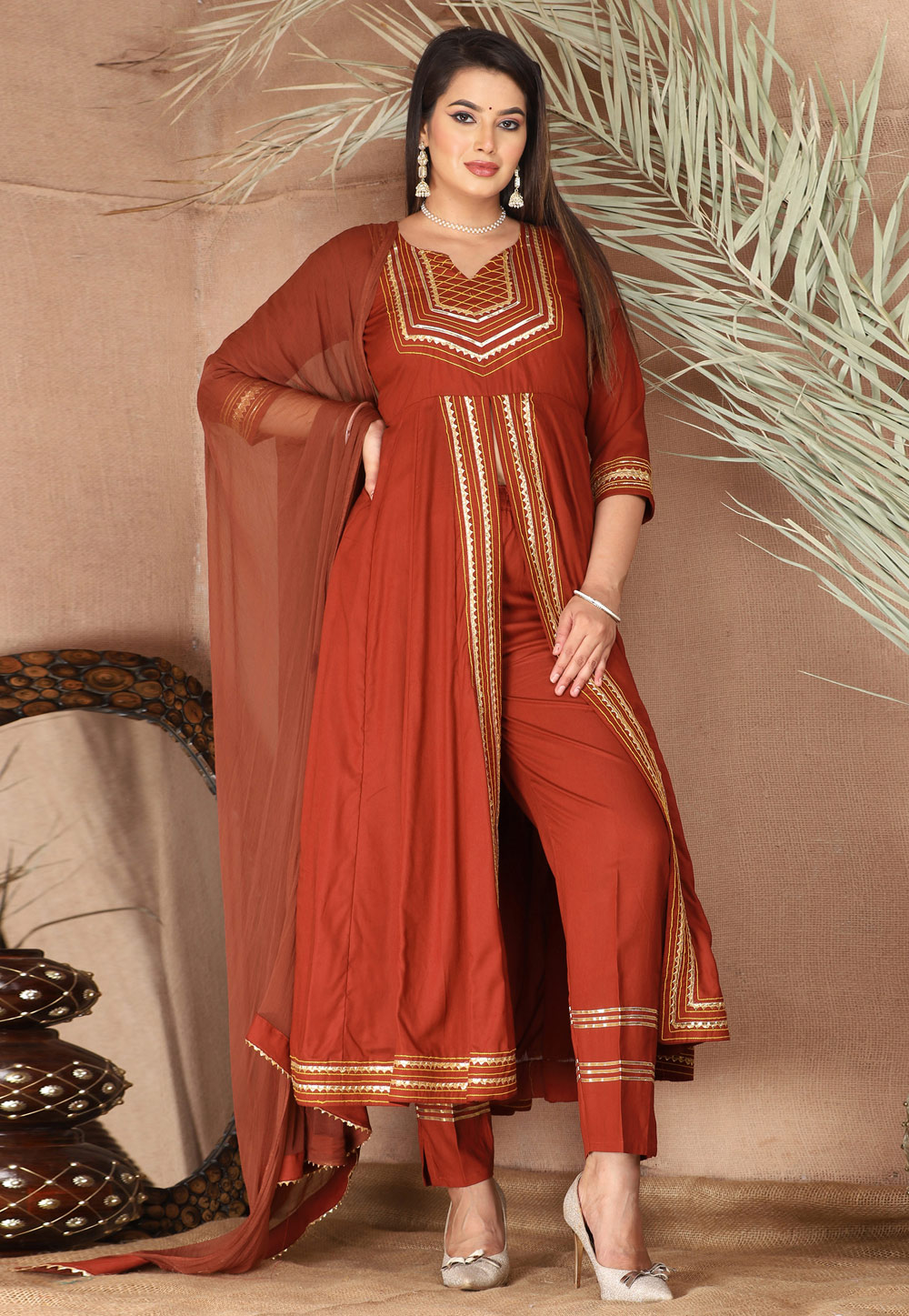 Rust Rayon Readymade Center Slit Anarkali Suit 309287