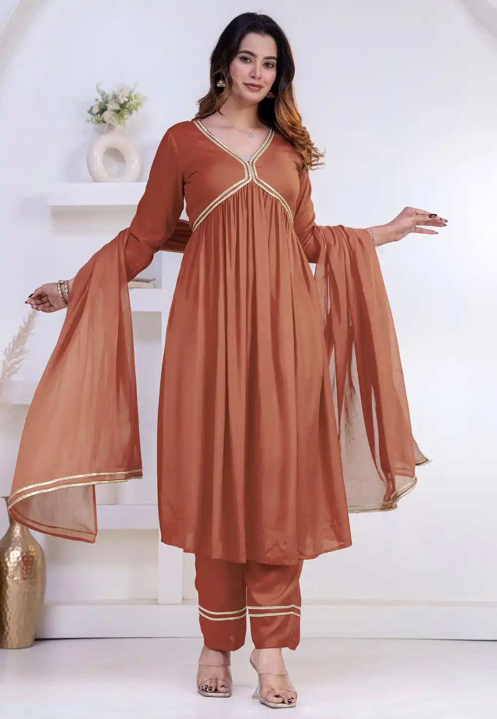 Rust Rayon Readymade Pant Style Suit 325449