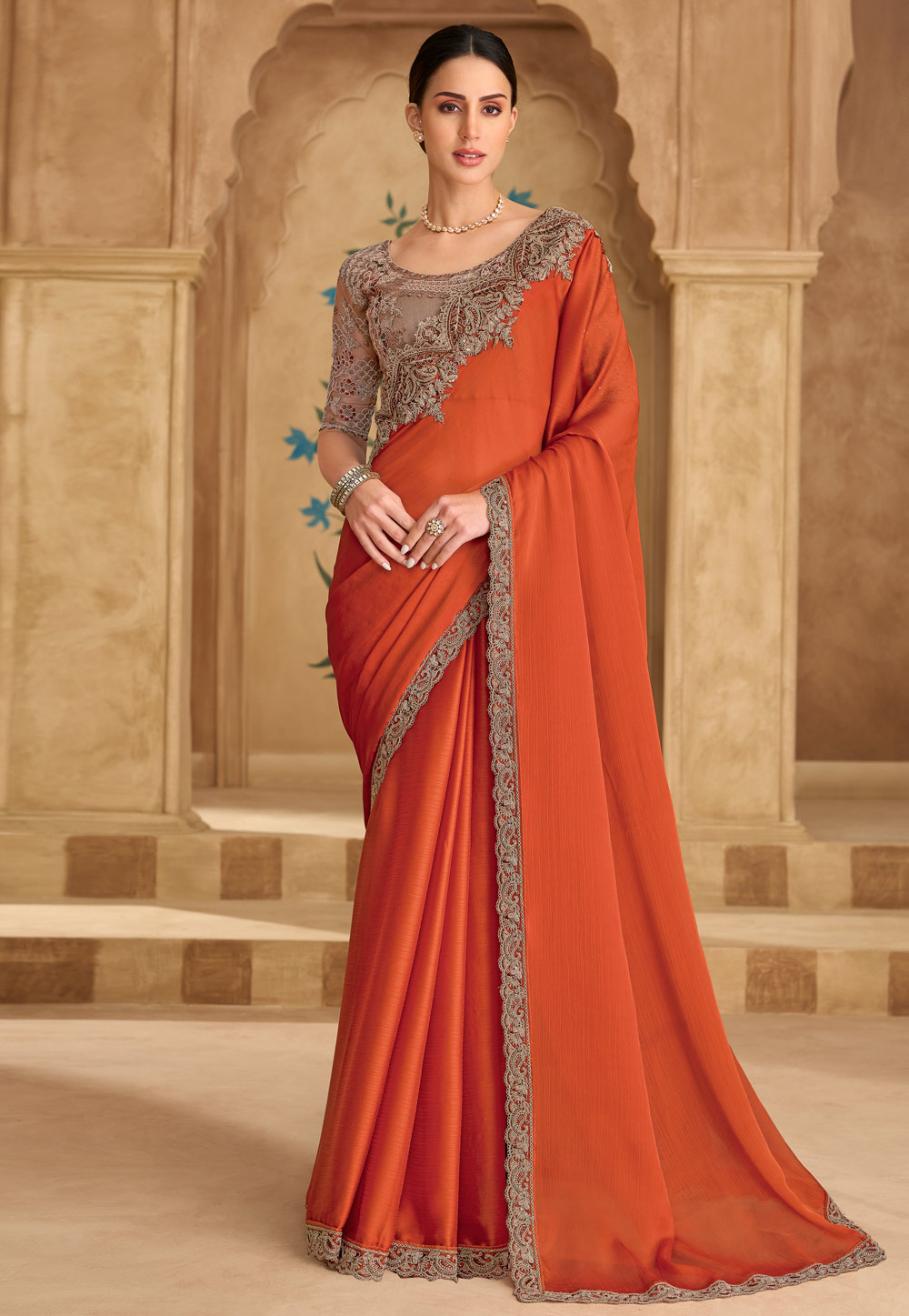 Rust Satin Chiffon Saree With Blouse 324685