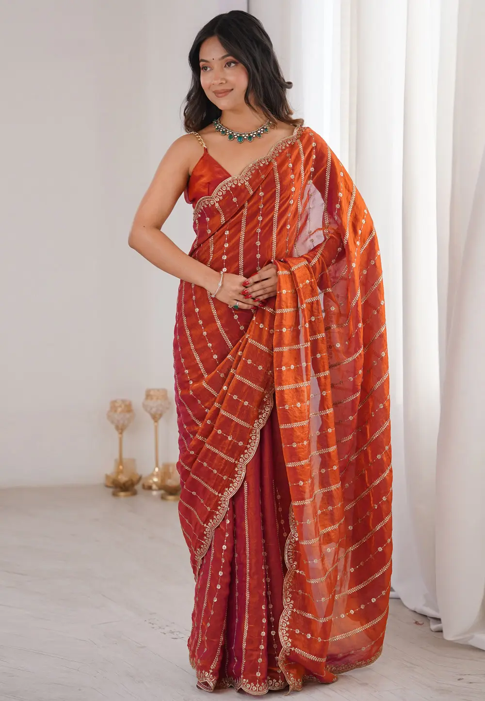 Rust Satin Saree With Blouse 331444