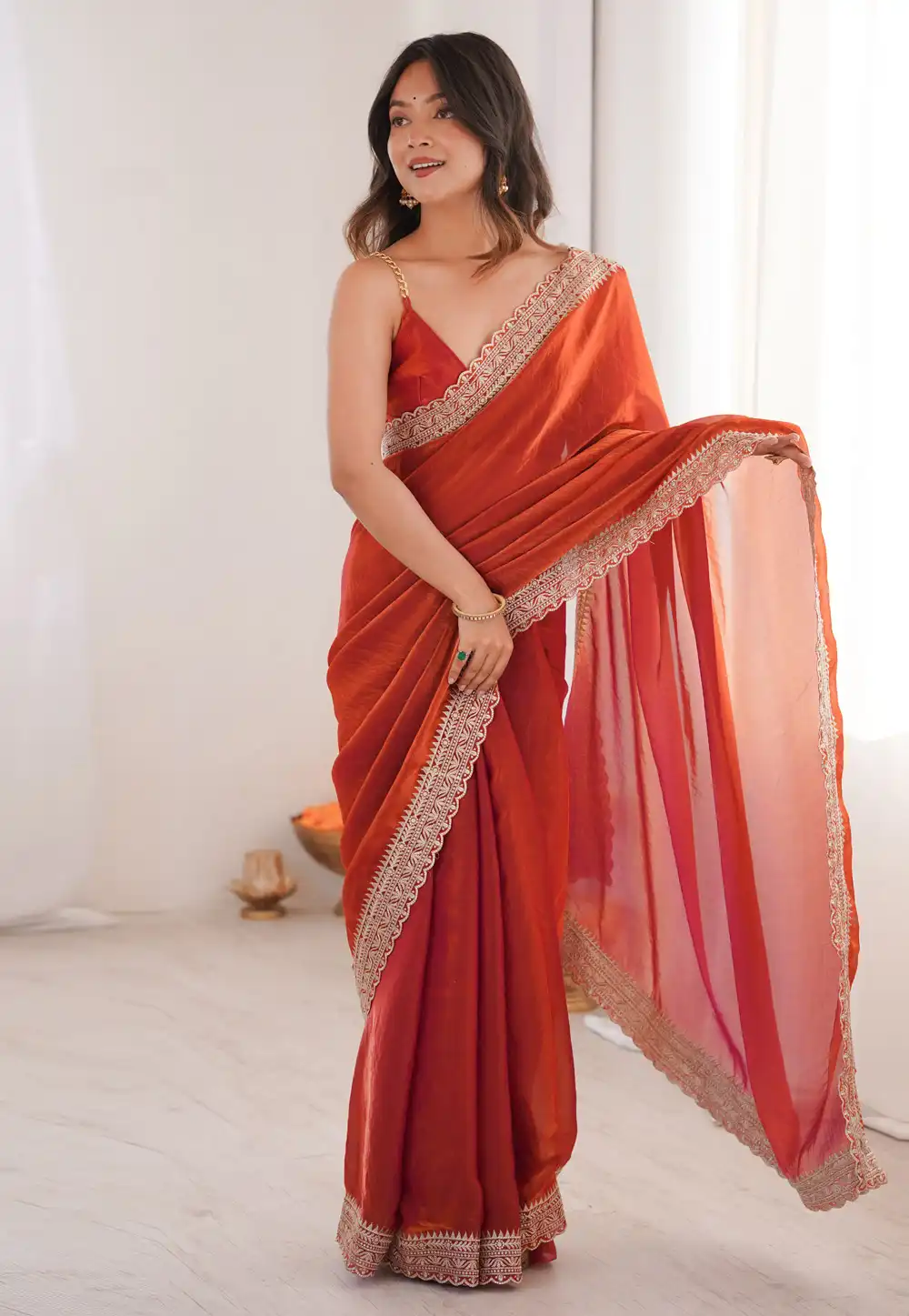 Rust Satin Saree With Blouse 329524