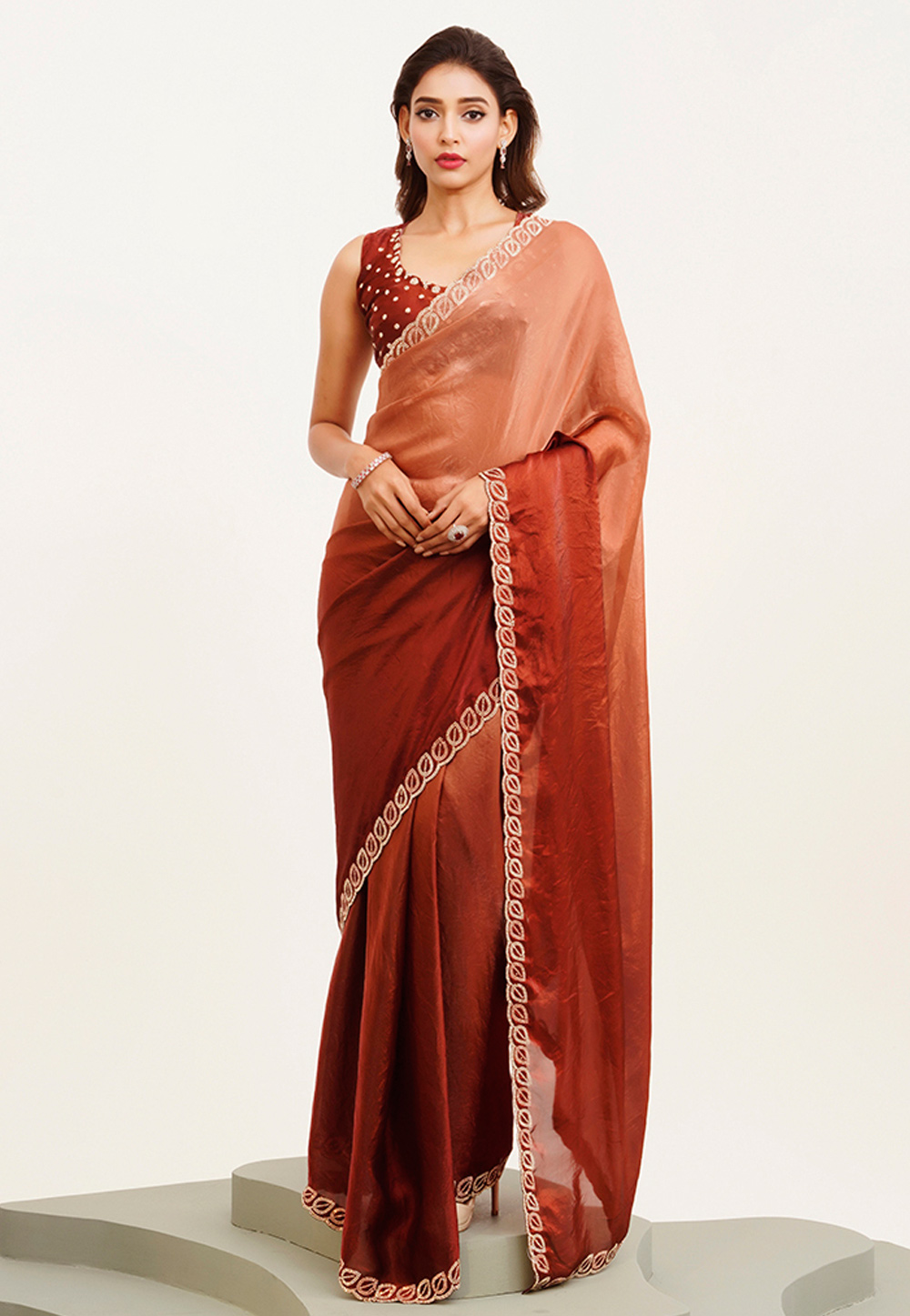 Rust Satin Saree With Blouse 311910