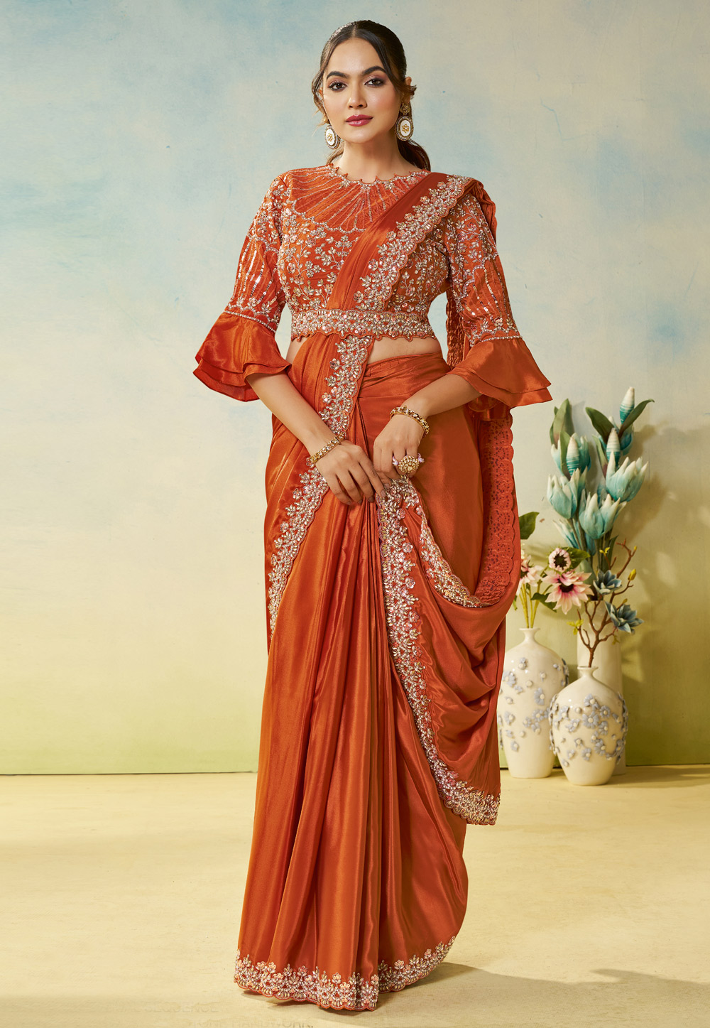 Rust Satin Silk Lehenga Saree 317966