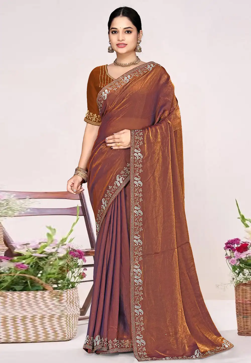 Rust Satin Silk Saree With Blouse 326869