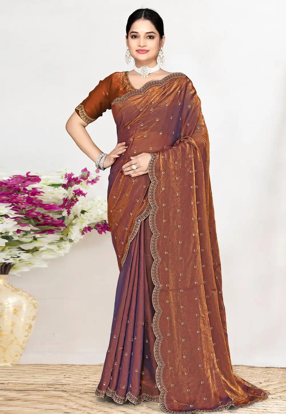 Rust Satin Silk Saree With Blouse 327223