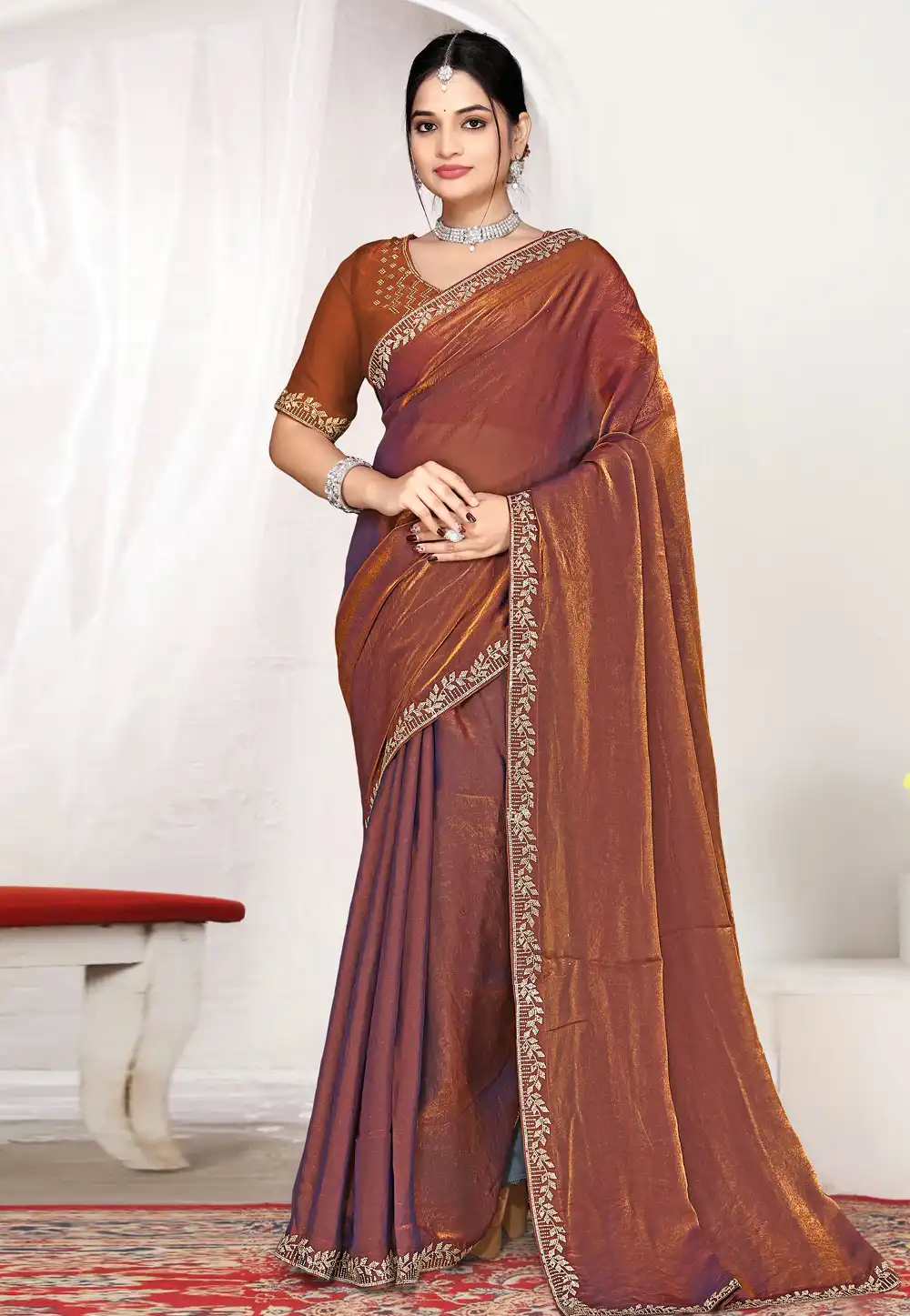 Rust Satin Silk Saree With Blouse 327388