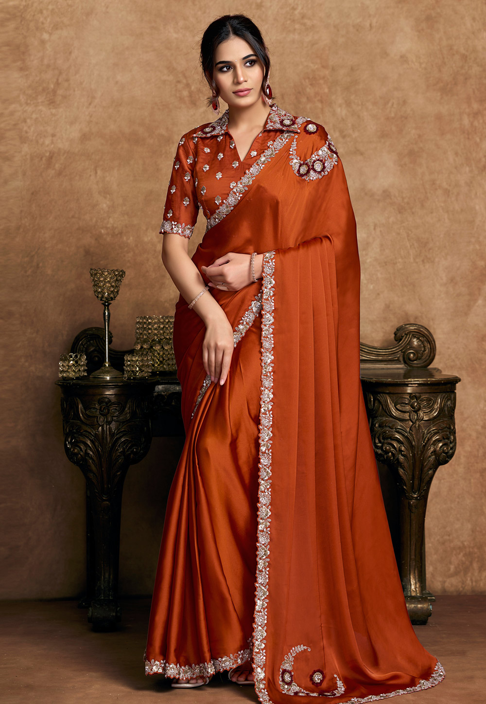 Rust Satin Silk Saree With Blouse 326453