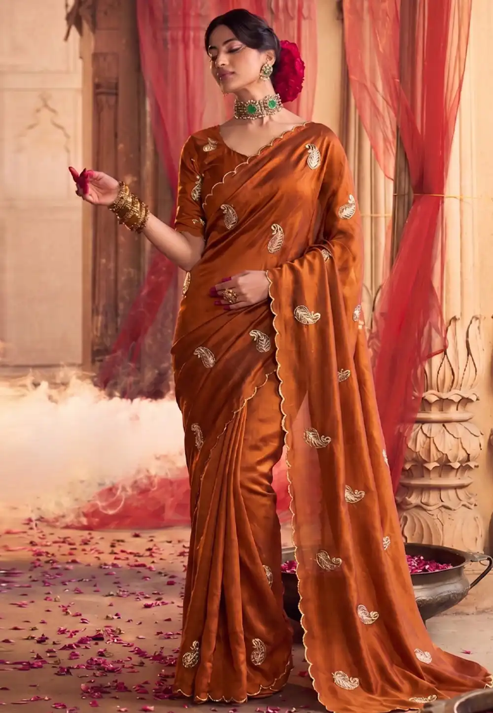 Rust Satin Silk Saree With Blouse 330029