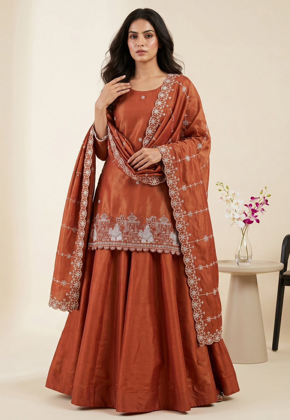 Rust Shimmer Readymade Indo Western Lehenga Choli 330354