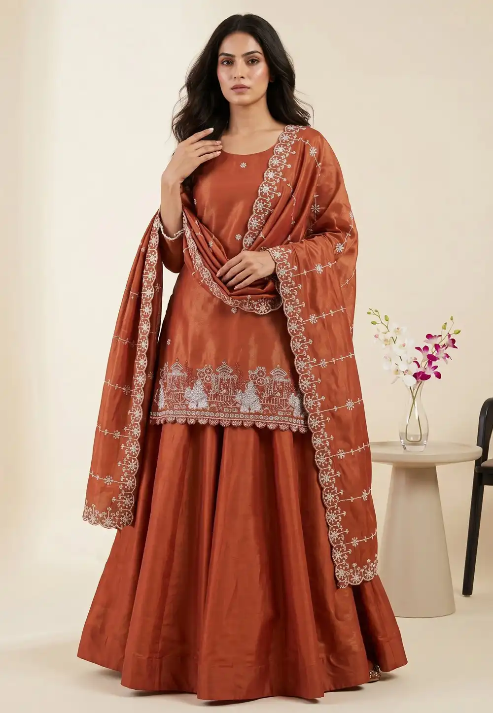 Rust Shimmer Readymade Indo Western Lehenga Choli 330354