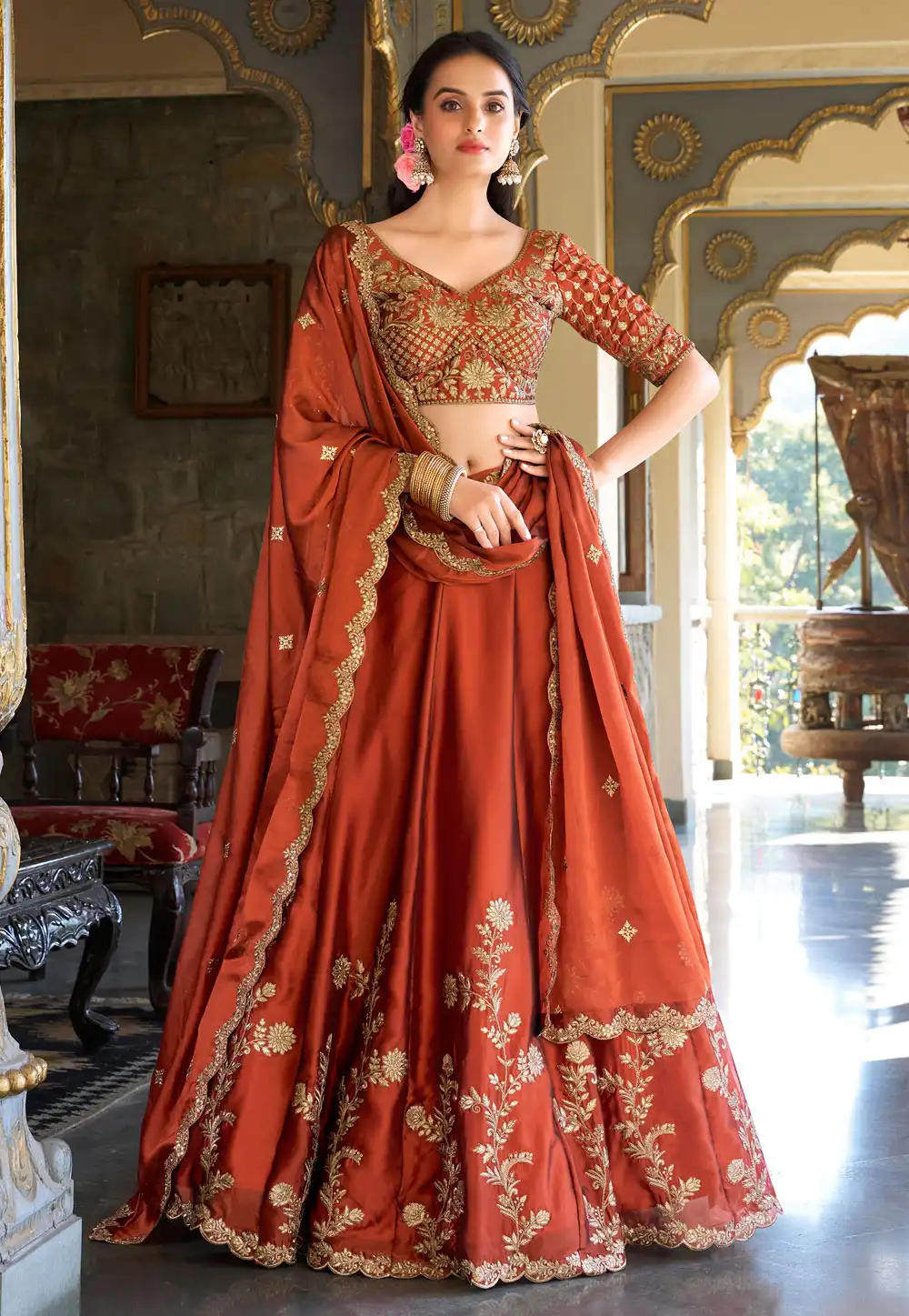 Rust Silk Circular Lehenga Choli 325951