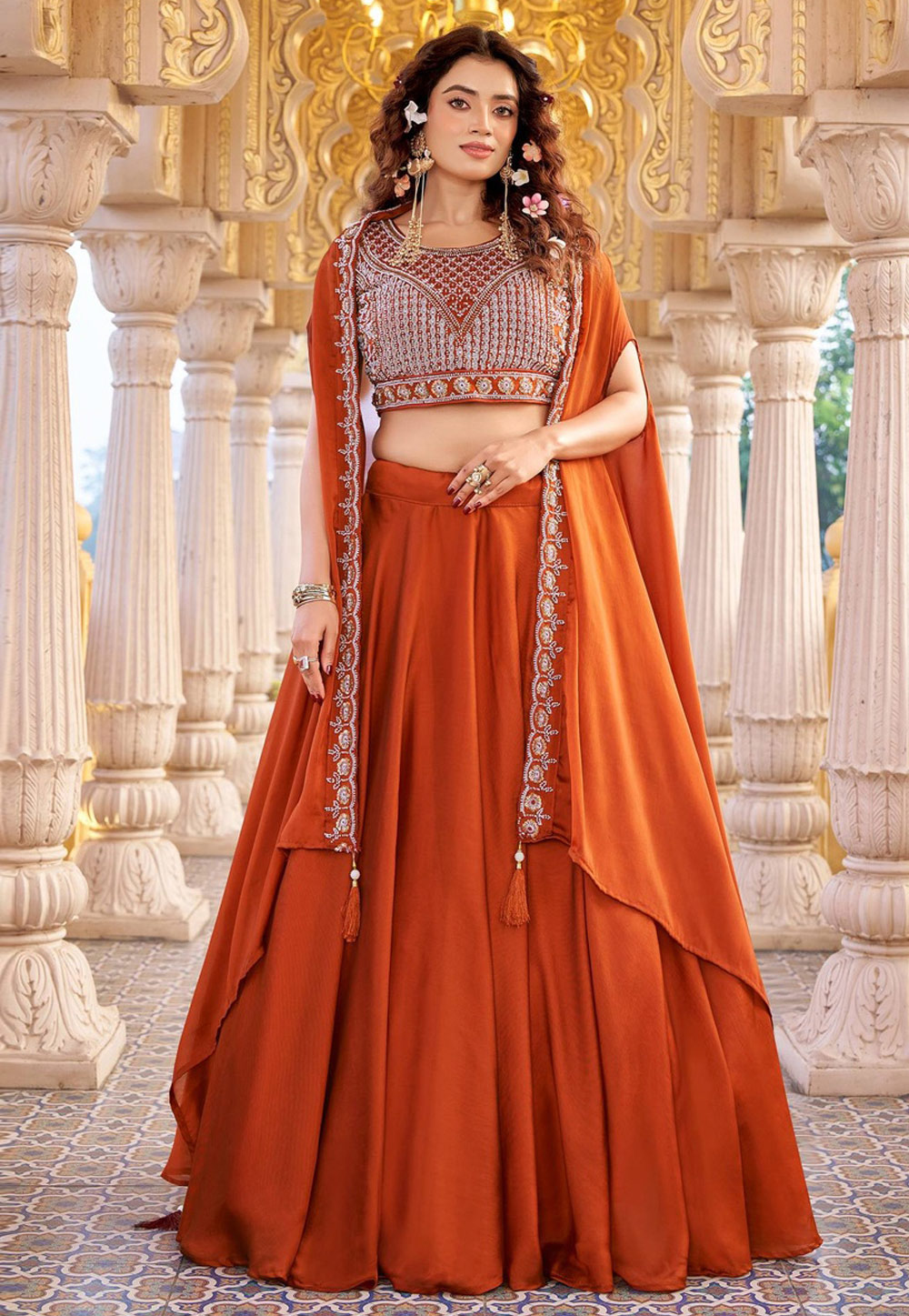 Rust Silk Circular Lehenga Choli 323244