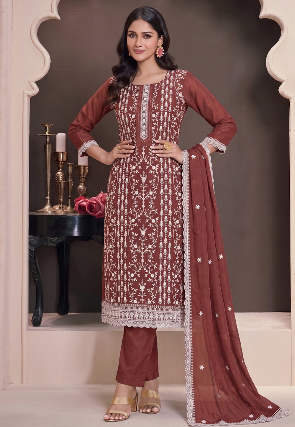 Rust Silk Embroidered Pakistani Suit 329741