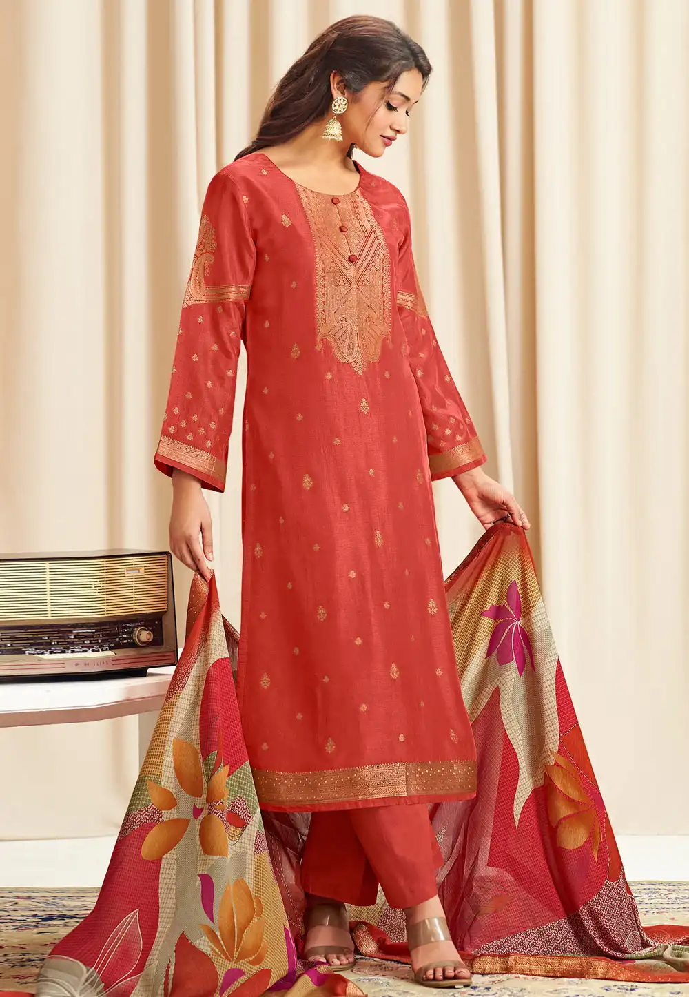 Rust Silk Jacquard Pant Style Suit 318237
