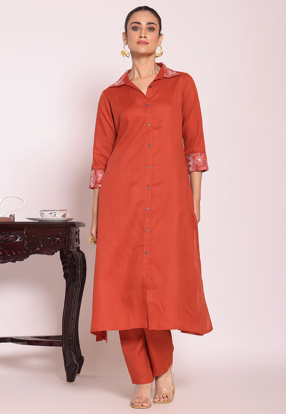Rust Silk Kurta Set With Pant 325524