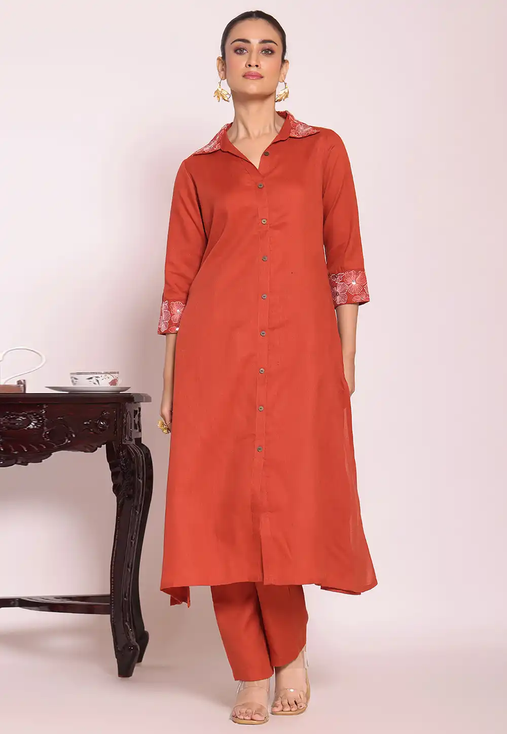 Rust Silk Kurta Set With Pant 325524