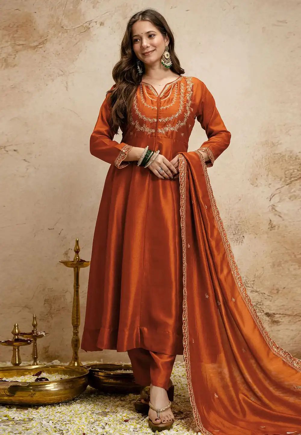 Rust Silk Readymade Anarkali Suit 328811