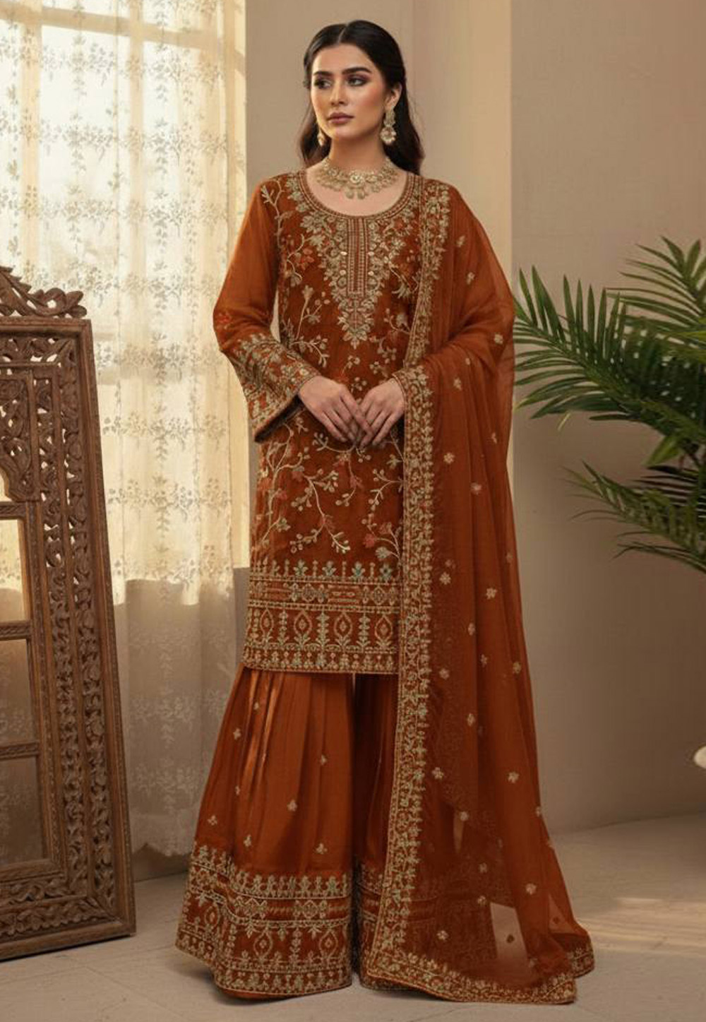 Rust Silk Readymade Gharara Suit 323908