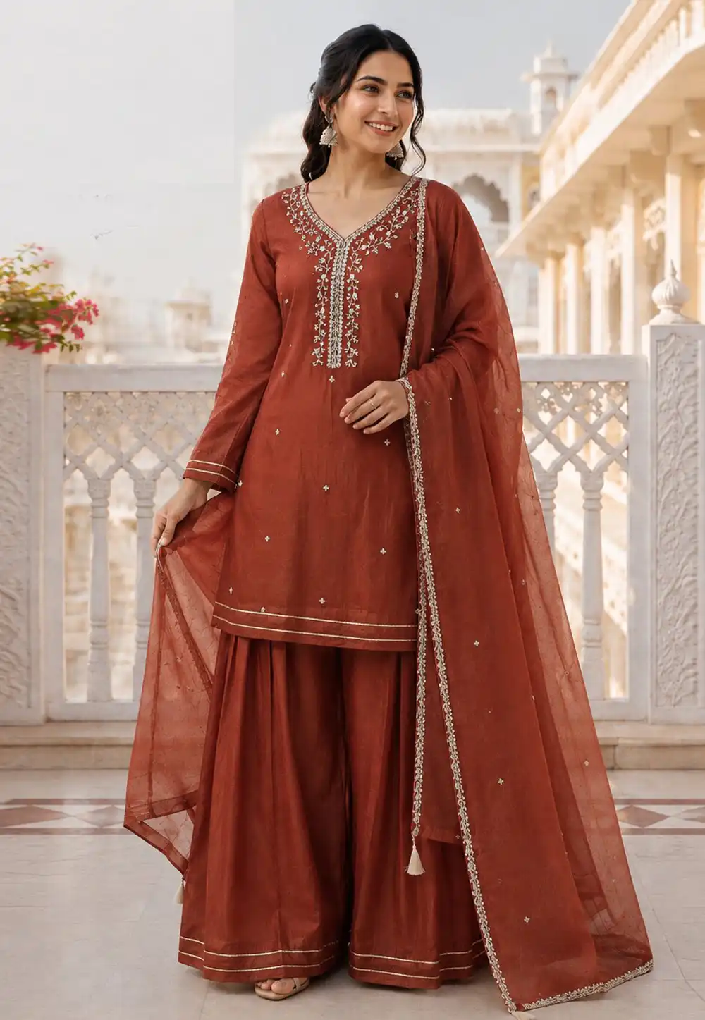 Rust Silk Readymade Pakistani Suit 329613