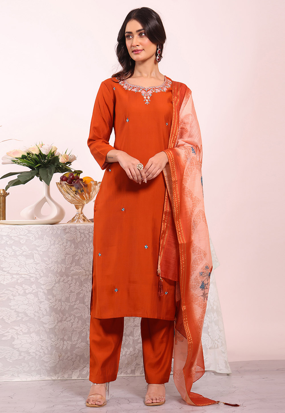 Rust Silk Readymade Pakistani Suit 325510