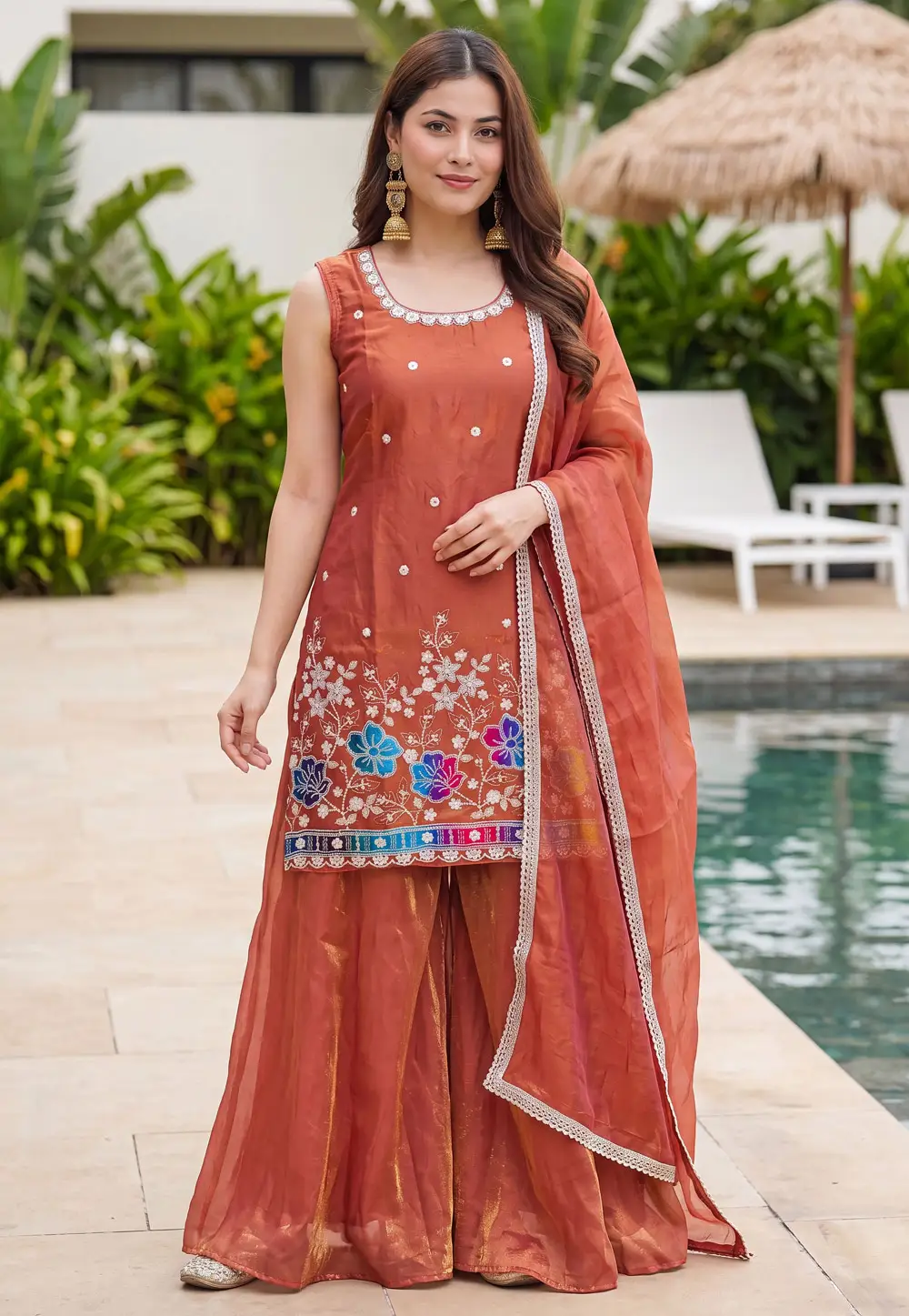 Rust Silk Readymade Pakistani Suit 334678