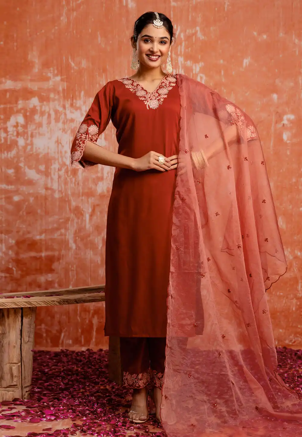 Rust Silk Readymade Pakistani Suit 329989
