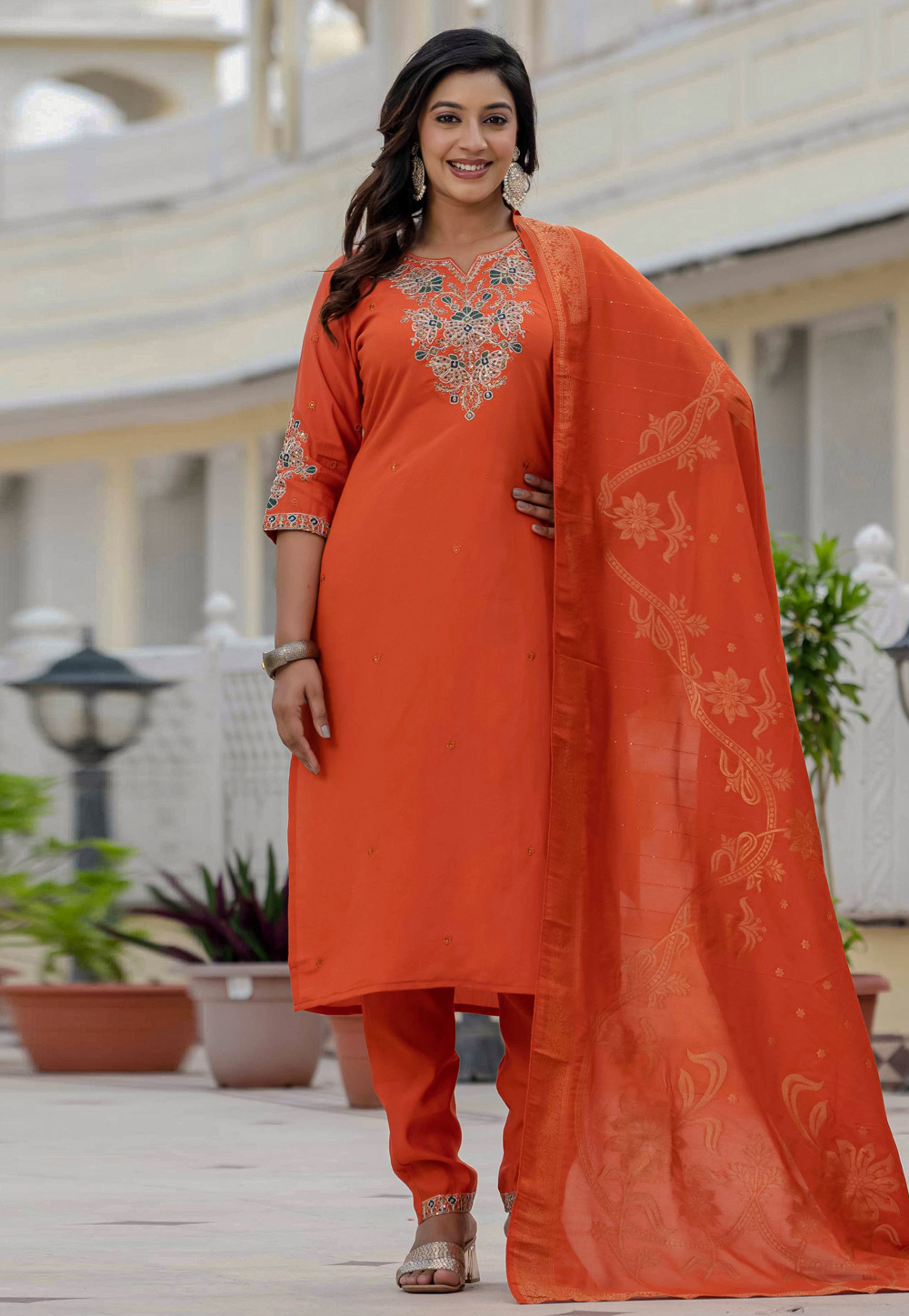 Rust Silk Readymade Pakistani Suit 321406