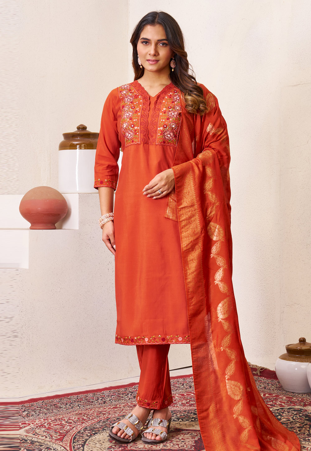 Rust Silk Readymade Pakistani Suit 321415