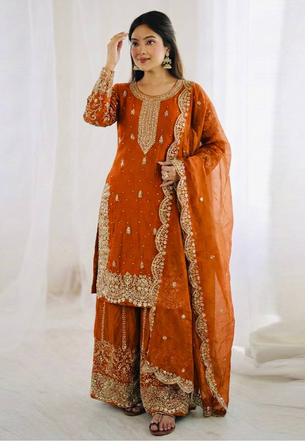 Rust Silk Readymade Palazzo Suit 325954