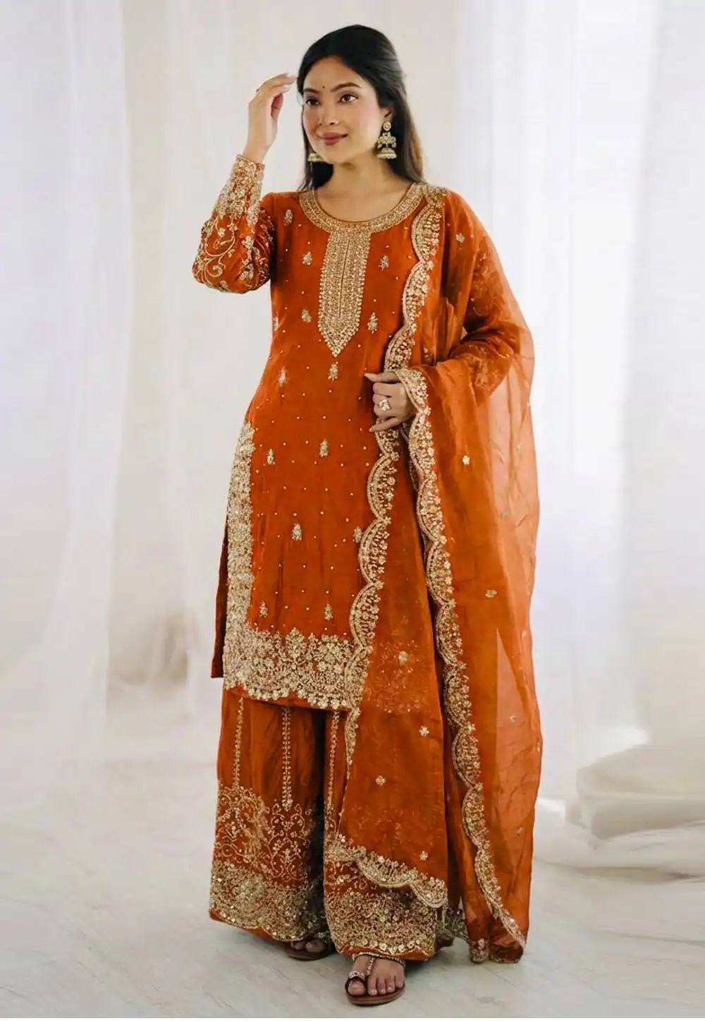 Rust Silk Readymade Palazzo Suit 325954