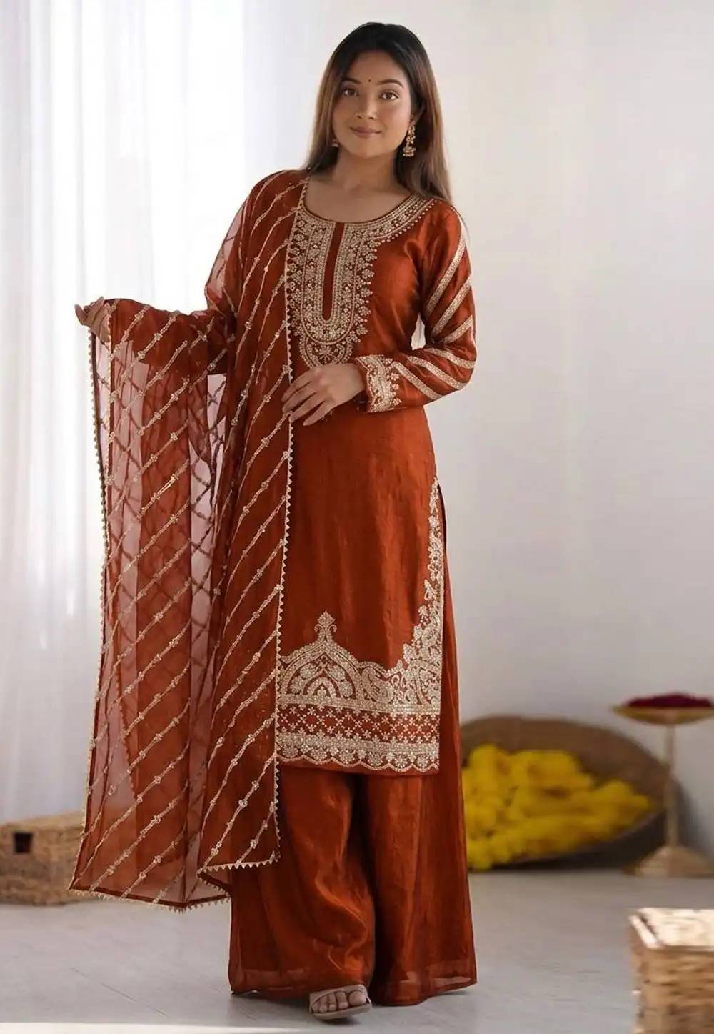 Rust Silk Readymade Palazzo Suit 329609