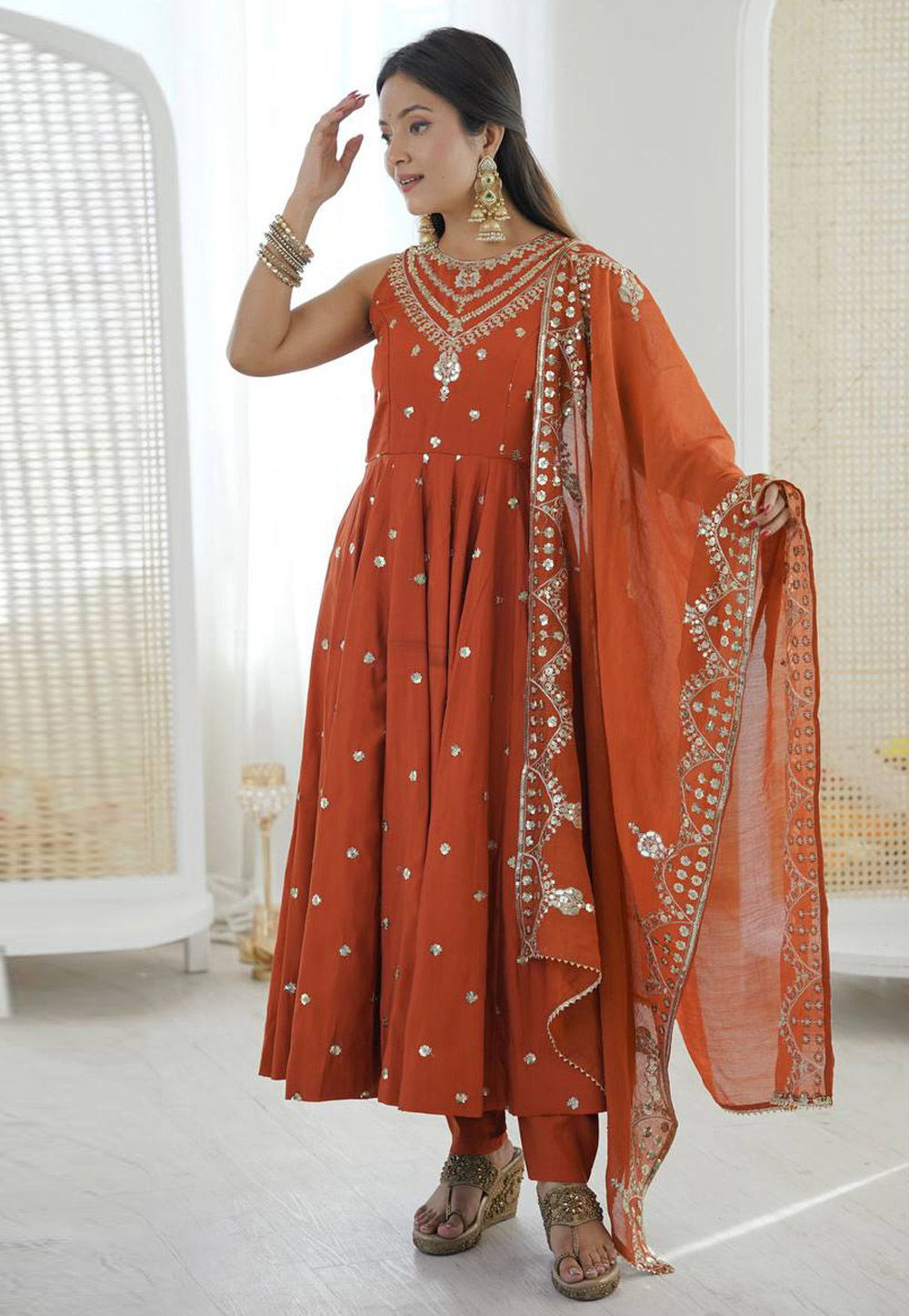 Rust Silk Readymade Pant Style Suit 325333