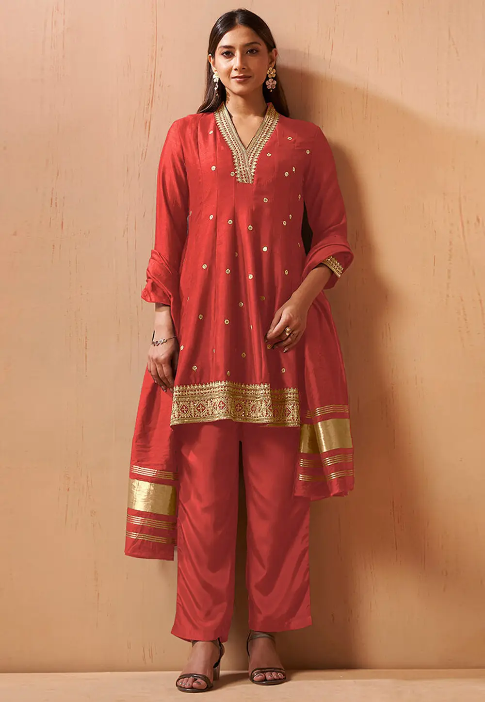 Rust Silk Readymade Pant Style Suit 334228