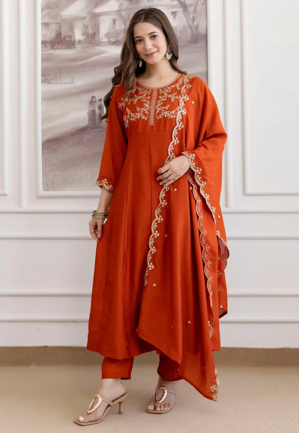 Rust Silk Readymade Pant Style Suit 319892