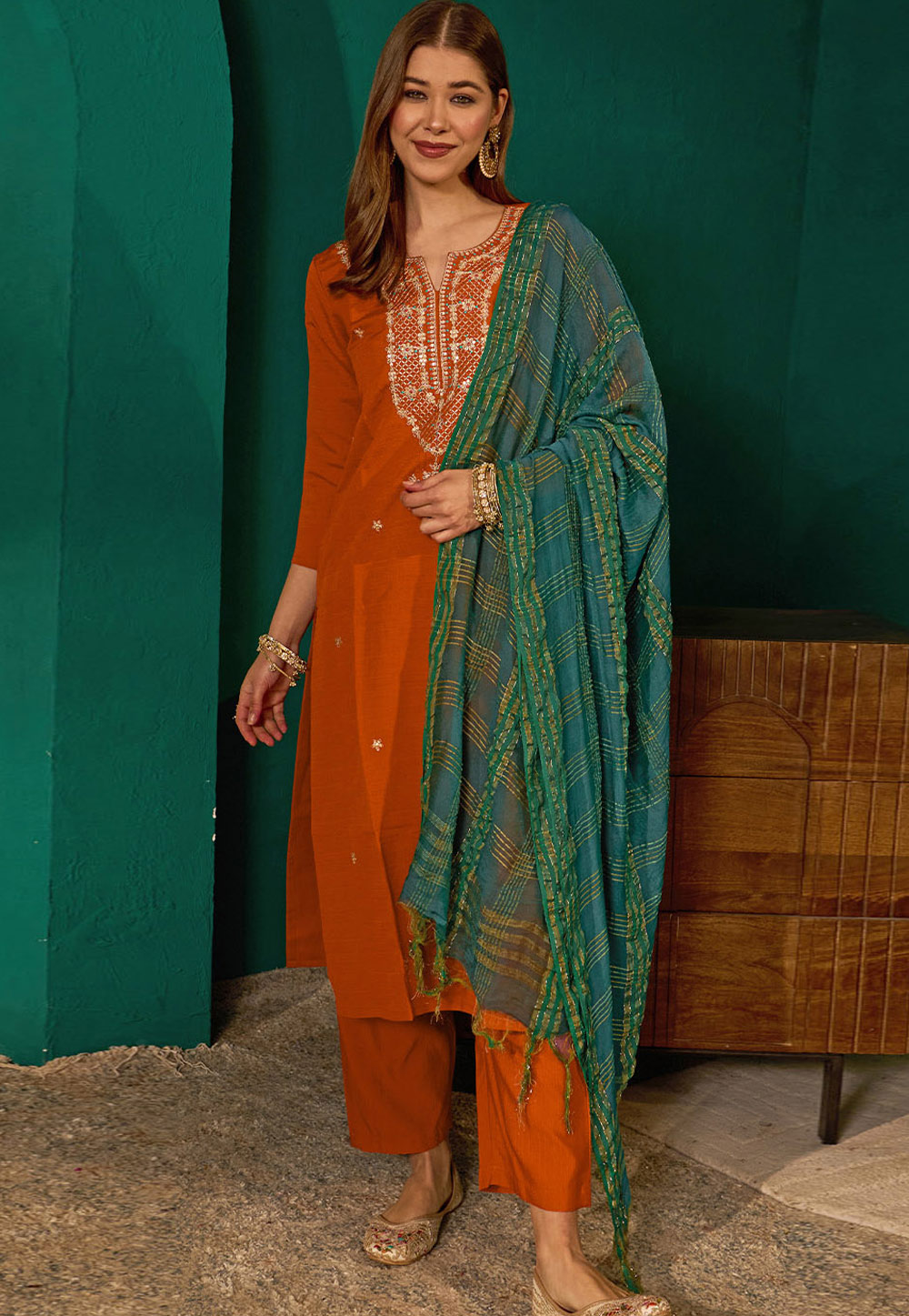 Rust Silk Readymade Pant Style Suit 328787