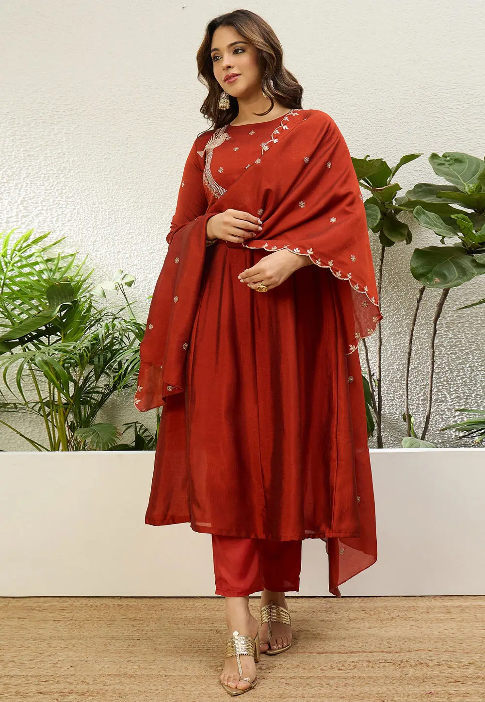 Rust Silk Readymade Pant Style Suit 333784